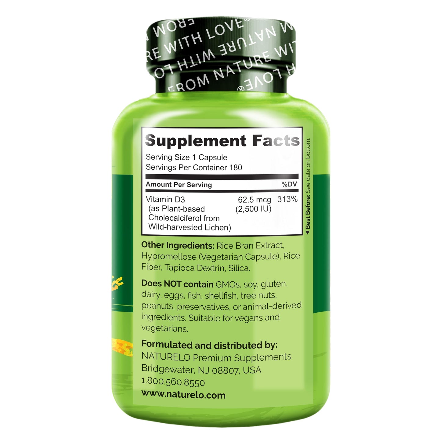 NATURELO Vitamin D3 2500 IU - Plant-Based from Lichen | Vegan & Gluten Free