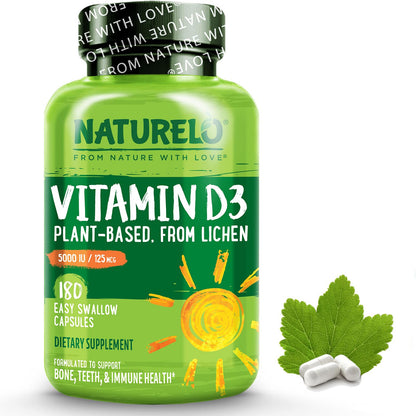Naturelo Vitamin D3 5000 IU – Plant-Based from Lichen | Vegan D3, 180 Capsules