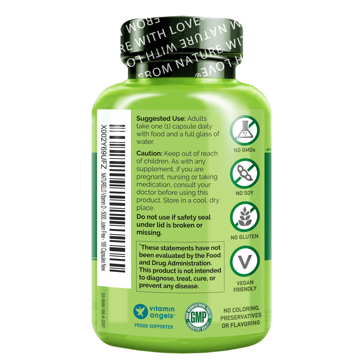 Naturelo Vitamin D3 5000 IU – Plant-Based from Lichen | Vegan D3, 180 Capsules