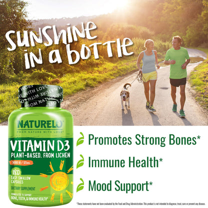 Naturelo Vitamin D3 5000 IU – Plant-Based from Lichen | Vegan D3, 180 Capsules