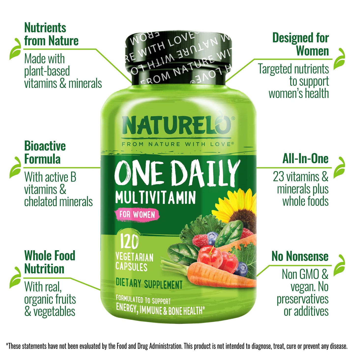 NATURELO One Daily Multivitamin for Women – 120 Ct, Non-GMO, Gluten Free