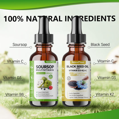 NaturePlanet Organic Soursop Bitters and Black Seed Oil Drops Bundles with Vitamins D3, K2, B6, C | Vegan, Non-GMO, Gluten-Free