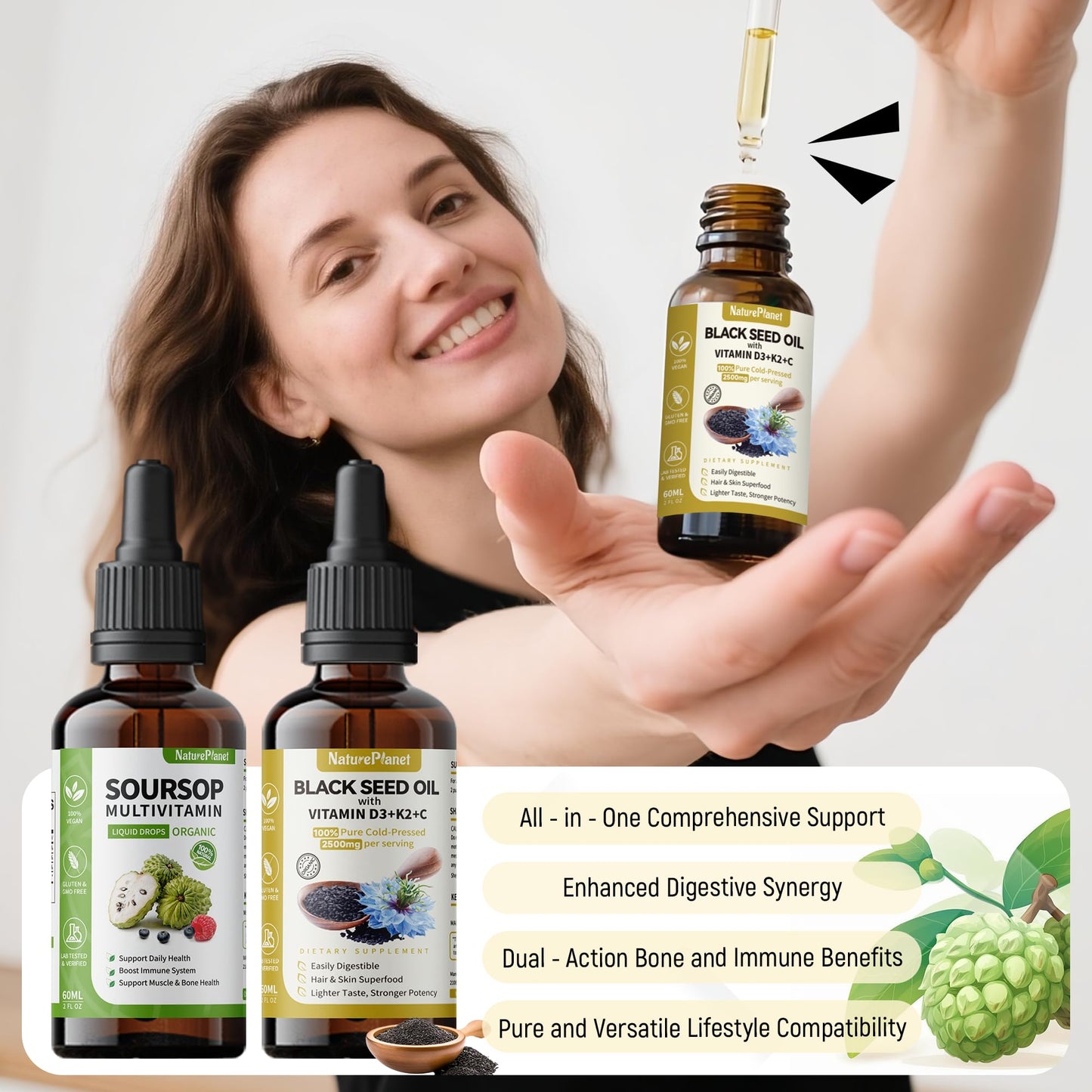 NaturePlanet Organic Soursop Bitters and Black Seed Oil Drops Bundles with Vitamins D3, K2, B6, C | Vegan, Non-GMO, Gluten-Free