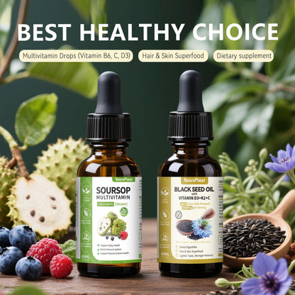 NaturePlanet Organic Soursop Bitters and Black Seed Oil Drops Bundles with Vitamins D3, K2, B6, C | Vegan, Non-GMO, Gluten-Free