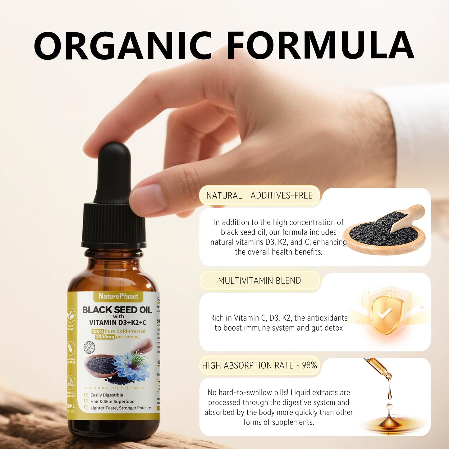 NaturePlanet Organic Soursop Bitters and Black Seed Oil Drops Bundles with Vitamins D3, K2, B6, C | Vegan, Non-GMO, Gluten-Free