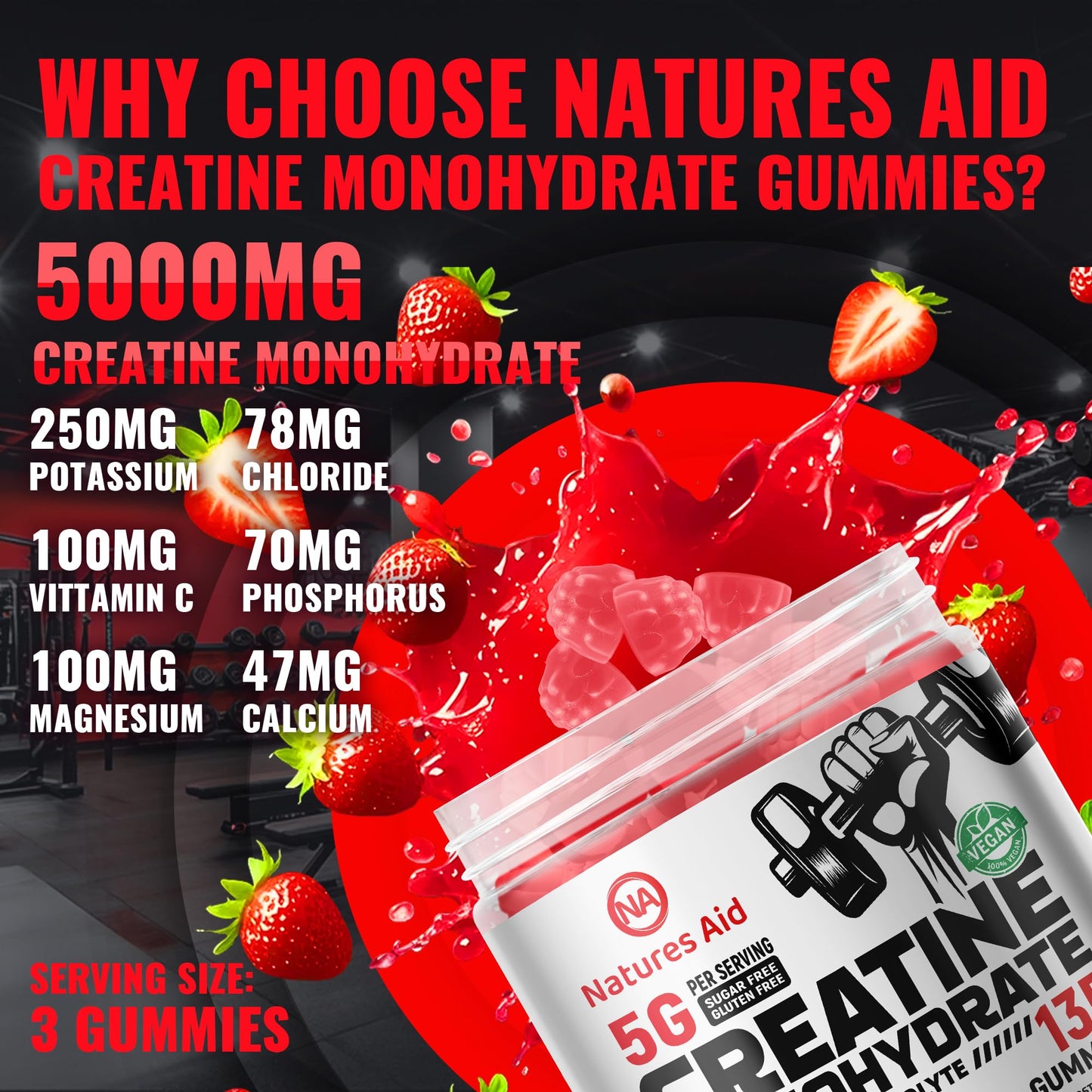 Natures Aid Creatine Monohydrate Gummies (5g) – Pre-Workout Energy & Muscle Growth Support (Strawberry Electrolyte, 135 Count)