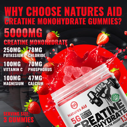 Natures Aid Creatine Monohydrate Gummies (5g) – Pre-Workout Energy & Muscle Growth Support (Strawberry Electrolyte, 135 Count)