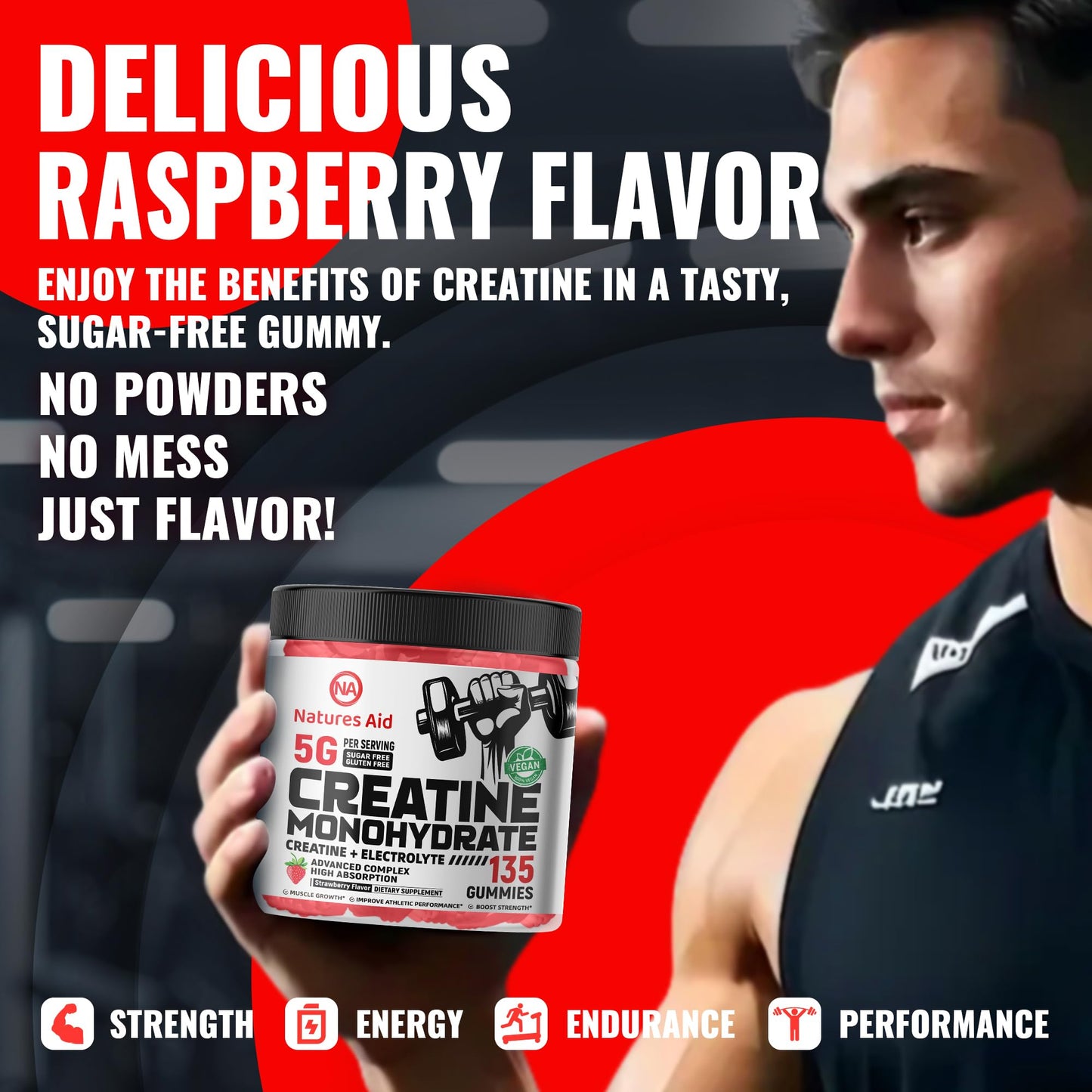 Natures Aid Creatine Monohydrate Gummies (5g) – Pre-Workout Energy & Muscle Growth Support (Strawberry Electrolyte, 135 Count)