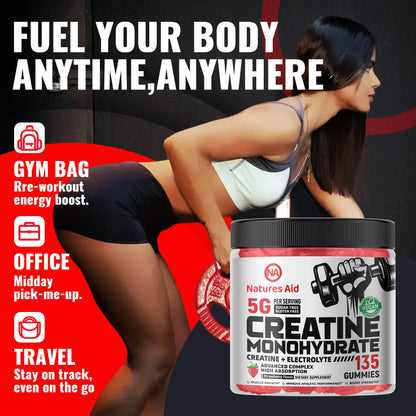 Natures Aid Creatine Monohydrate Gummies (5g) – Pre-Workout Energy & Muscle Growth Support (Strawberry Electrolyte, 135 Count)