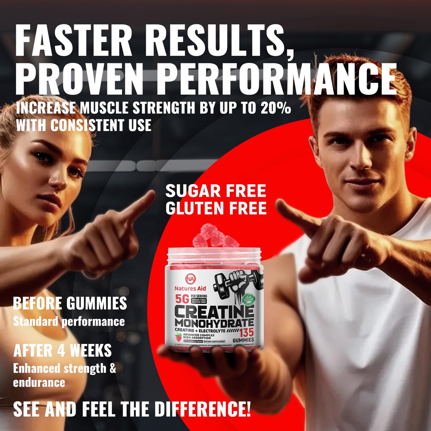 Natures Aid Creatine Monohydrate Gummies (5g) – Pre-Workout Energy & Muscle Growth Support (Strawberry Electrolyte, 135 Count)