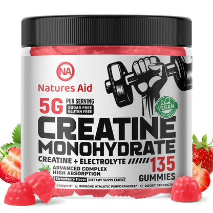 Natures Aid Creatine Monohydrate Gummies (5g) – Pre-Workout Energy & Muscle Growth Support (Strawberry Electrolyte, 135 Count)