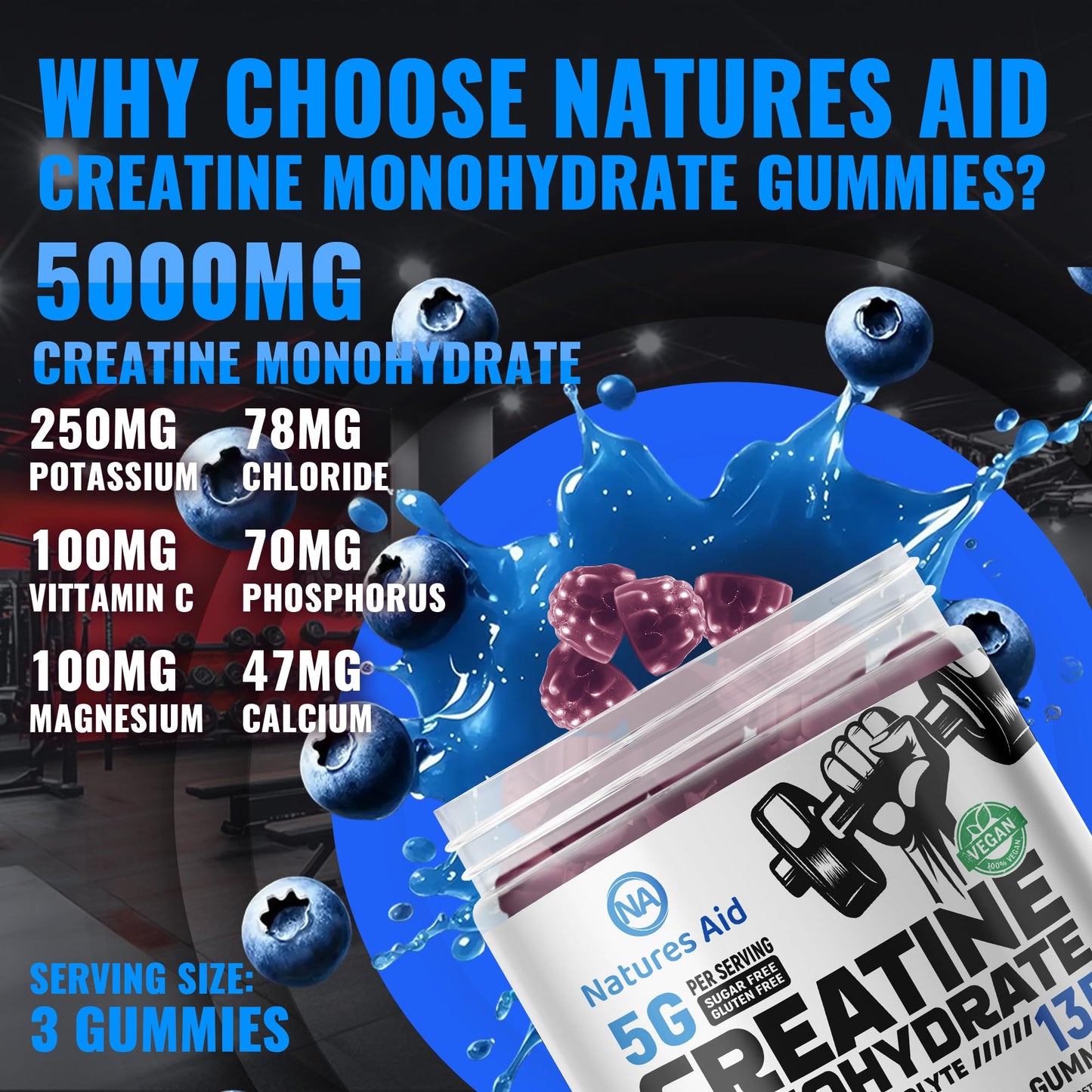 Natures Aid Creatine Monohydrate Gummies (5g) – Blueberry Electrolyte, 135 Count | Vegan & Sugar-Free