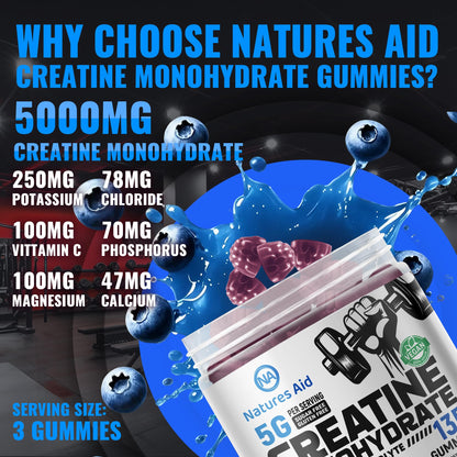 Natures Aid Creatine Monohydrate Gummies (5g) – Blueberry Electrolyte, 135 Count | Vegan & Sugar-Free