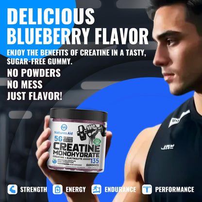 Natures Aid Creatine Monohydrate Gummies (5g) – Blueberry Electrolyte, 135 Count | Vegan & Sugar-Free