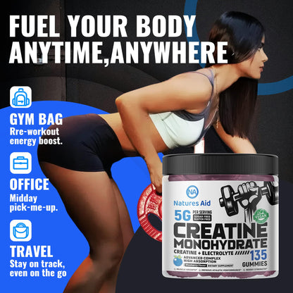 Natures Aid Creatine Monohydrate Gummies (5g) – Blueberry Electrolyte, 135 Count | Vegan & Sugar-Free