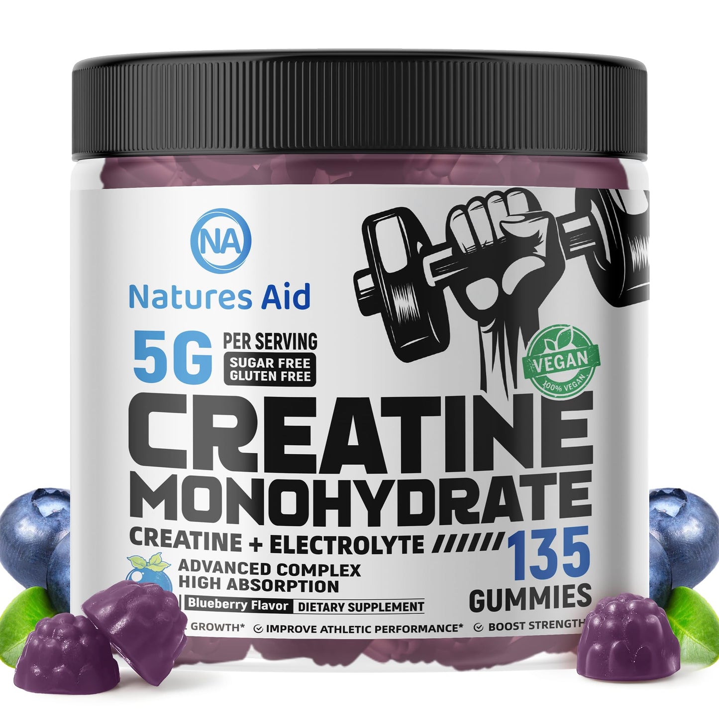 Natures Aid Creatine Monohydrate Gummies (5g) – Blueberry Electrolyte, 135 Count | Vegan & Sugar-Free