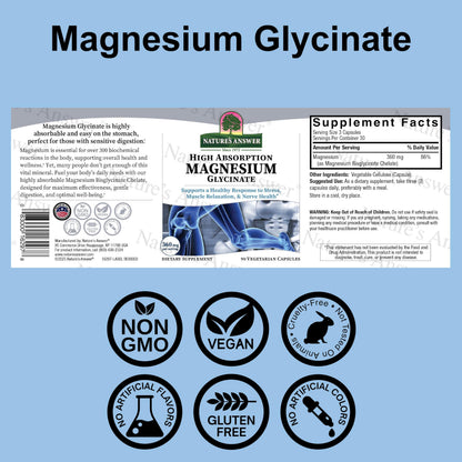 Nature's Answer Magnesium Glycinate Vegetarian Capsules 90 Count | Muscle Function, Relaxation & Stress Support | Vegan, Non-GMO, Made in USA