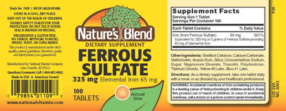 Nature's Blend Ferrous Sulfate 325 mg – Iron Supplement, 100 Tablets (Assorted)