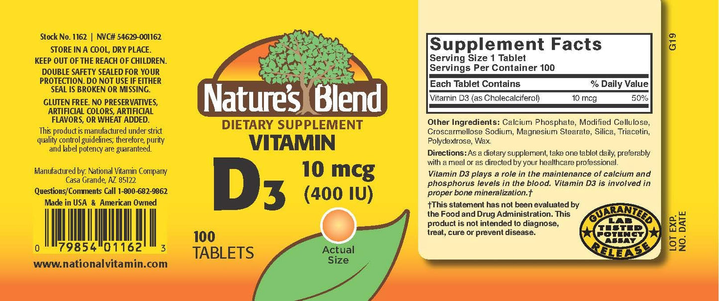Nature's Blend Vitamin D 400 IU - 100 Tablets | Supports Bone Health