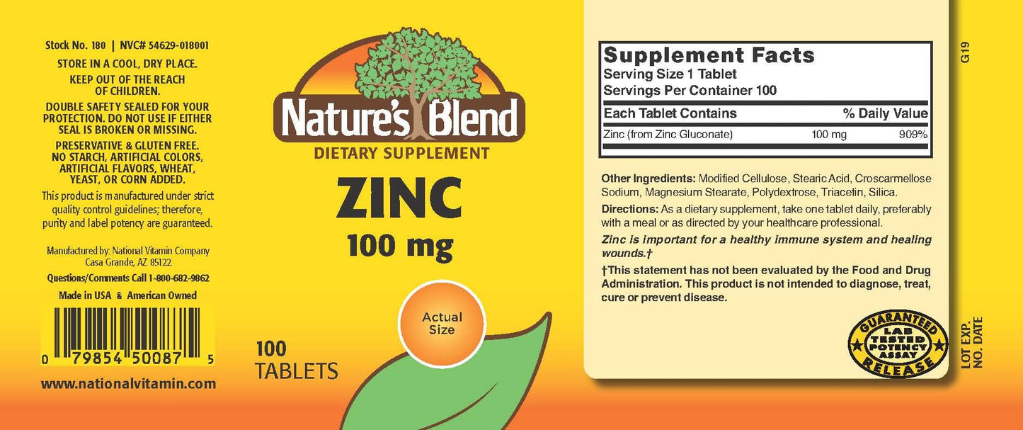 Nature's Blend Zinc Gluconate 100 mg, 100 Tablets | Zinc Mineral Supplement