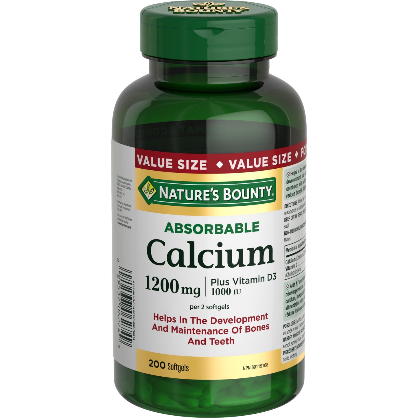 Nature's Bounty Absorbable Calcium 1200mg + Vitamin D3 1000IU – 200 Count | Gluten-Free