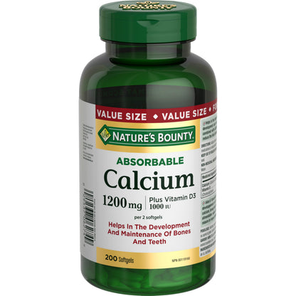 Nature's Bounty Absorbable Calcium 1200mg + Vitamin D3 1000IU – 200 Count | Gluten-Free