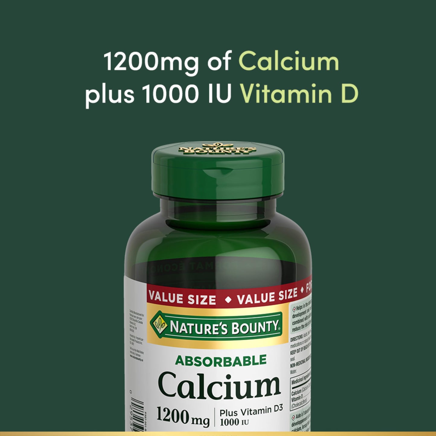 Nature's Bounty Absorbable Calcium 1200mg + Vitamin D3 1000IU – 200 Count | Gluten-Free