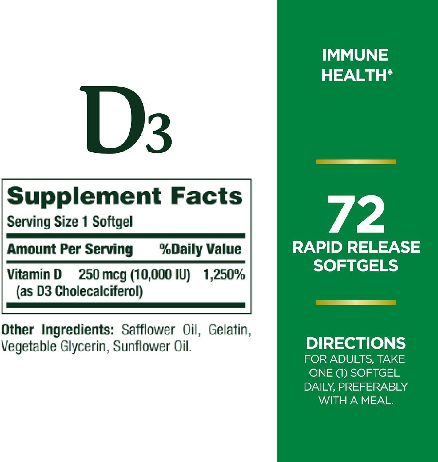 Nature's Bounty D3-10,000 IU Softgels 72 ea (Pack of 4) – Vitamin D3 Supplement