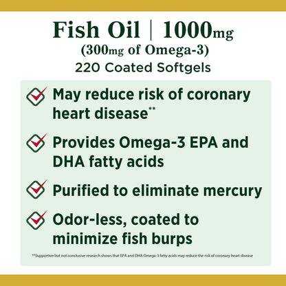 Nature's Bounty Fish Oil 1000 mg Coated Softgels | 220 Count | Omega-3 EPA/DHA for Heart Health