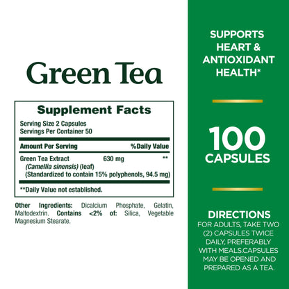 Nature's Bounty Green Tea Pills - Heart Health & Antioxidant Support, 315mg, 100 Capsules
