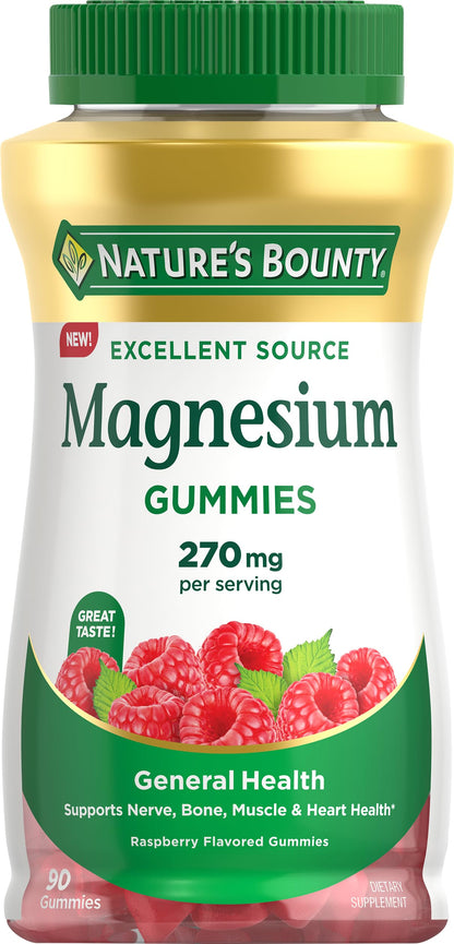 Nature's Bounty Magnesium Citrate Gummies – 270mg per Serving, Raspberry, Vegan, Non-GMO (90 Count)