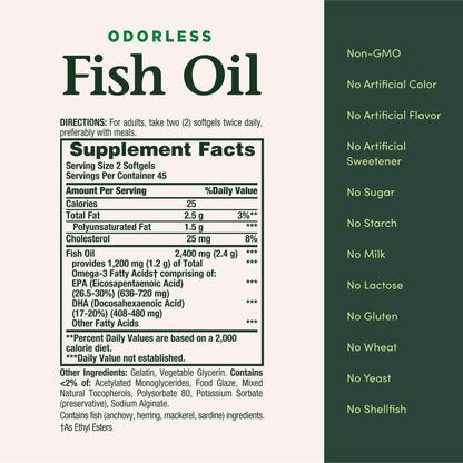 Nature's Bounty Odorless Fish Oil 1200mg Omega-3 - 90 Softgels