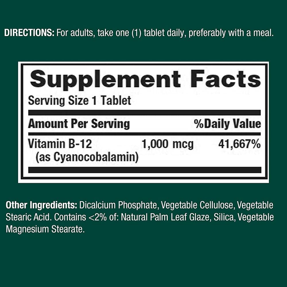Nature's Bounty Vitamin B12 1000 mcg - 100 Tablets (Pack of 2) | Energy & Heart Health