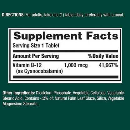 Nature's Bounty Vitamin B12 1000 mcg - 100 Tablets (Pack of 2) | Energy & Heart Health