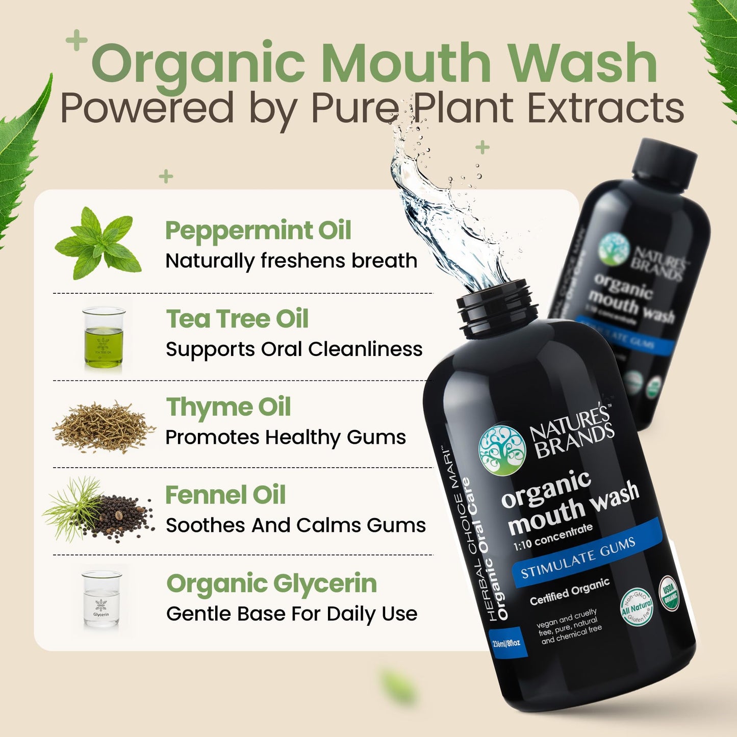 Nature's Brands Herbal Choice Mari Organic Mouth Wash - Peppermint, Tea Tree & Thyme Oils (8 oz)