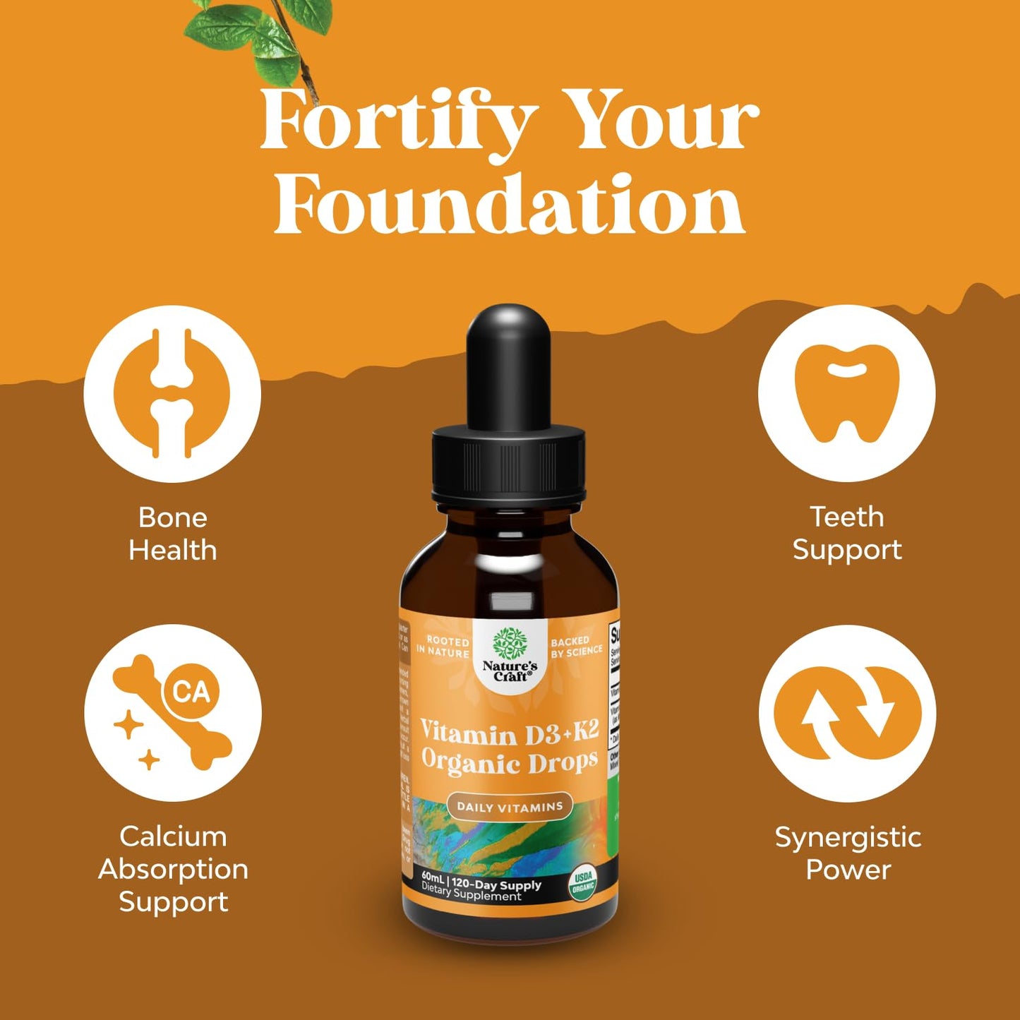 Natures Craft Vitamin D3 with K2 Drops for Adults - Organic, 2000IU, Vegan