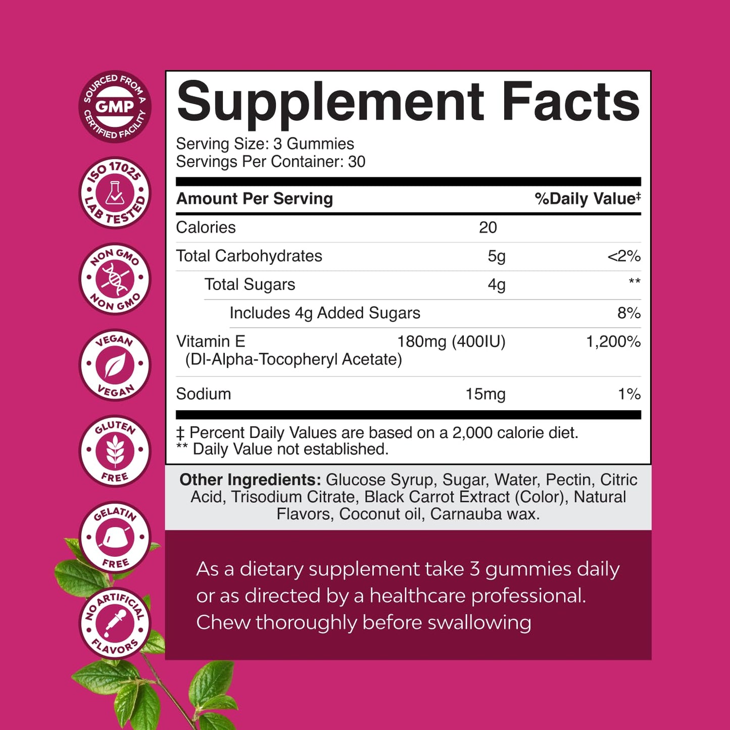 Natures Craft Vitamin E Gummies – 400 IU High-Potency Skin Support – 2-Month Supply