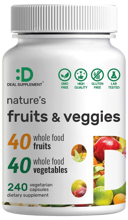 Nature's Fruits & Veggies Supplement – 240 Veggie Capsules, 80 Superfoods, 40 Fruits & 40 Greens – Non-GMO, Gluten Free
