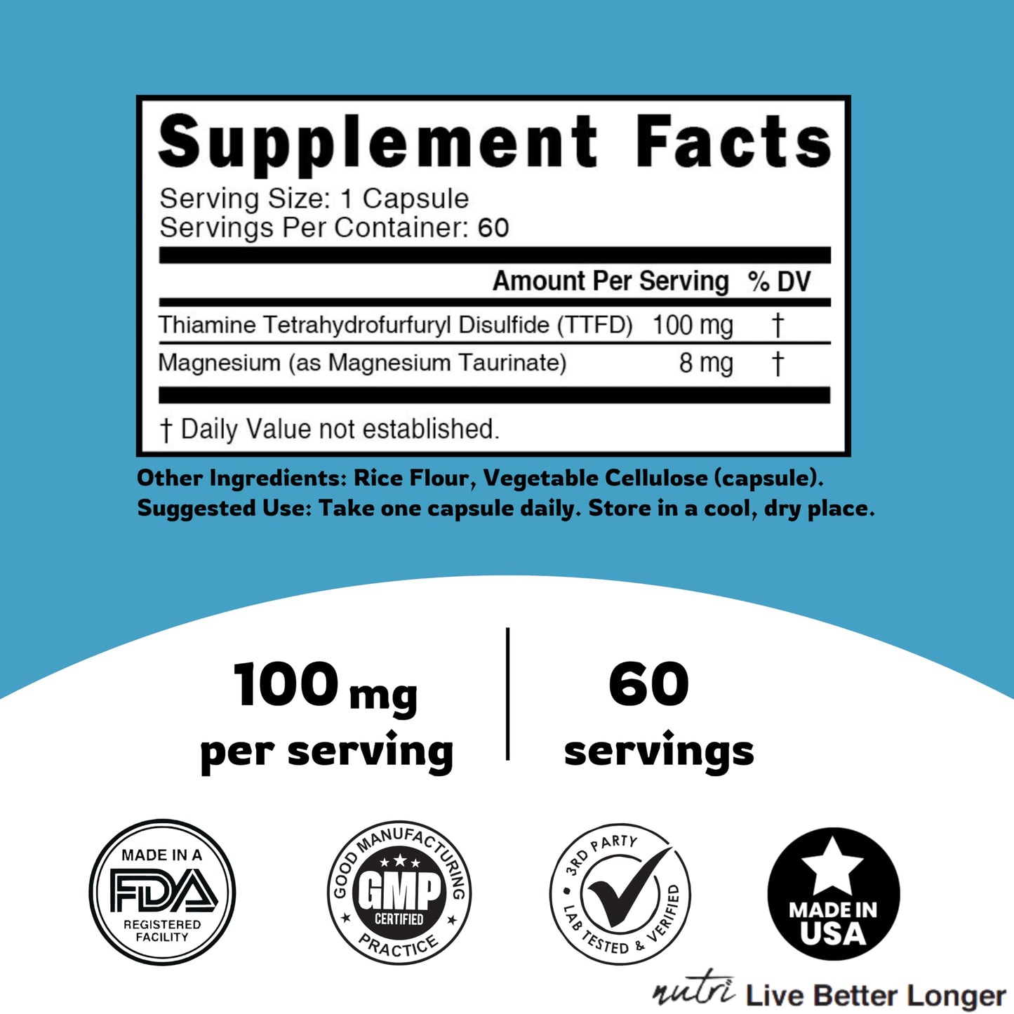 Nature's Fusions TTFD Thiamine B1 100mg - 60 Servings + 8mg Magnesium | Lab Tested
