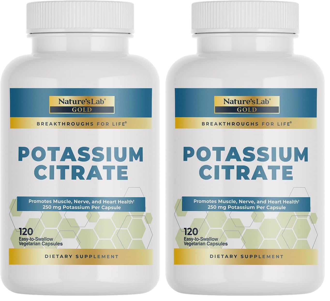 Nature's Lab Gold Potassium Citrate 250mg - 120 Capsules (Pack of 2) - Heart, Nerve & Muscle Support