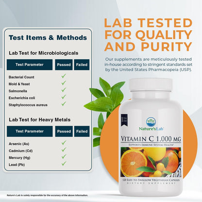 Nature's Lab Vitamin C 1000mg – Immune Support, 120 Count (Pack of 2)