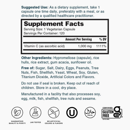 Nature's Lab Vitamin C 1000mg – Immune Support, 120 Count (Pack of 2)