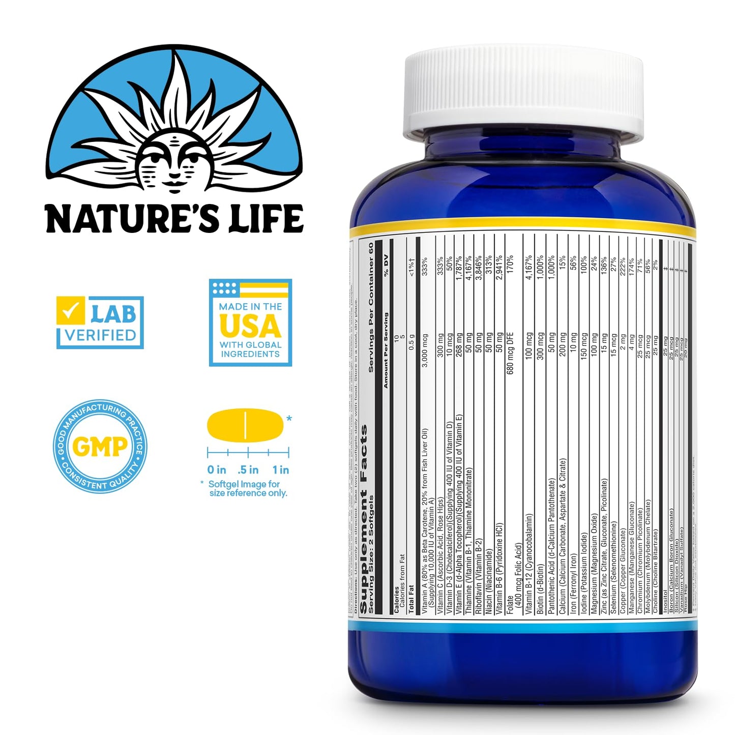 Nature's Life Daily Multivitamin for Men and Women - Iron Included | 60 Servings, 120 Softgels