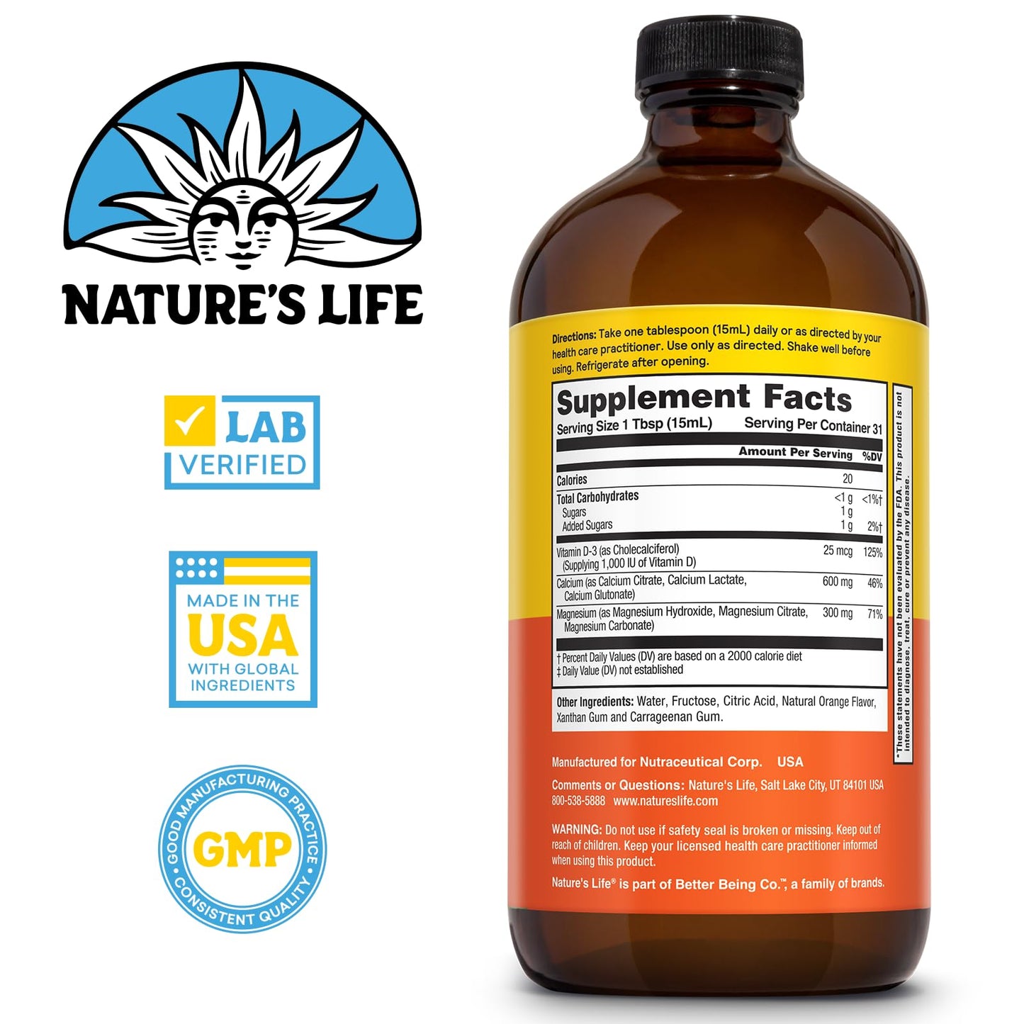 Nature's Life Liquid Calcium Magnesium + Vitamin D3 | 600mg Calcium, 300mg Magnesium, 1000 IU Vitamin D3 | 16 oz
