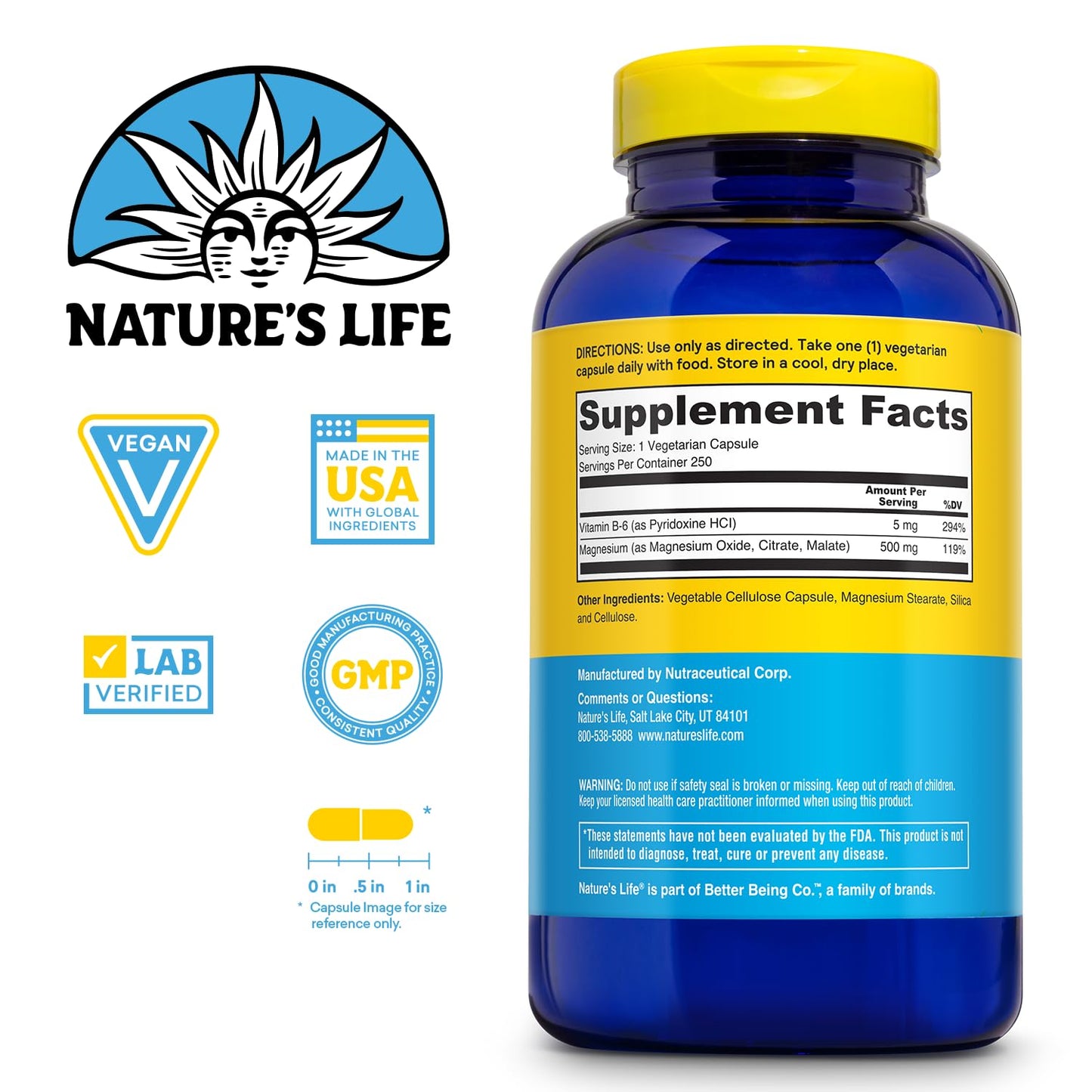 Nature's Life Magnesium 500 mg – Citrate, Malate & Oxide + Vitamin B-6 | Muscles & Nerves Support