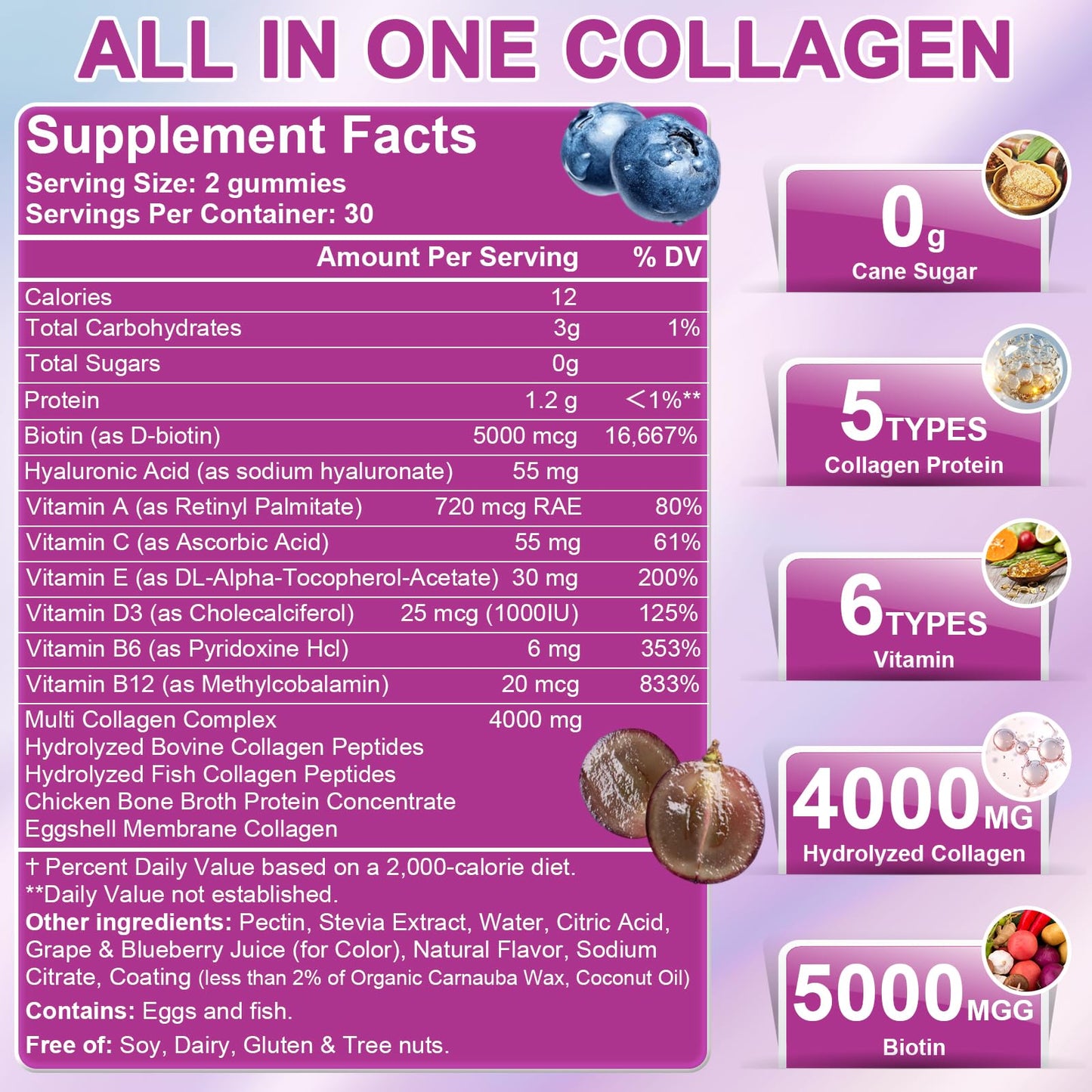Nature's live Multi Collagen Peptides Gummies – Type I, II, III, V, X | 60 Count | Grape Blueberry Flavor