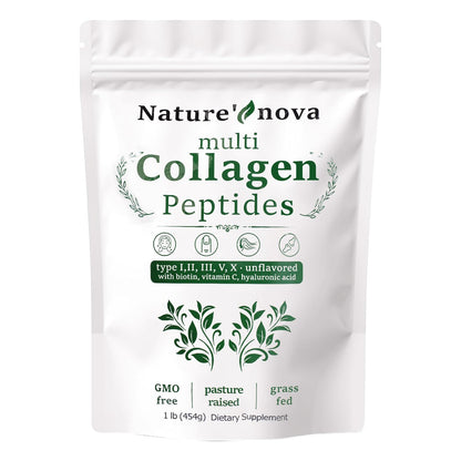 Nature's Nova Multi Collagen Peptides Powder - Types I, II, III, V, X + Biotin & Hyaluronic Acid