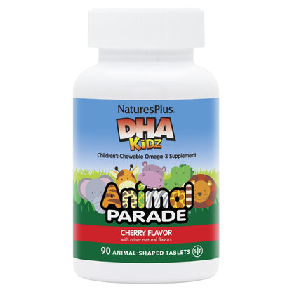 Nature's Plus Animal Parade DHA Children's Chewables – Cherry Flavor, 90 Animal-Shaped Tablets | Gluten Free