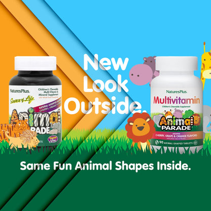 Natures Plus Animal Parade Kids Multivitamin - 90 Animal-Shaped Chewables (45 Servings) | Vegan & Gluten Free