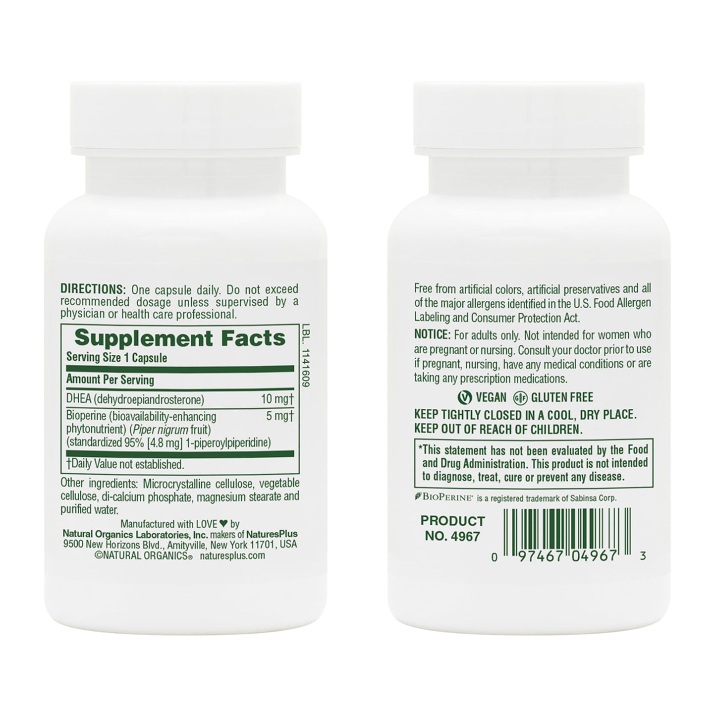 Natures Plus DHEA 10 with Bioperine – 10 mg, 90 Vegetarian Capsules (Gluten-Free) – 2-Pack